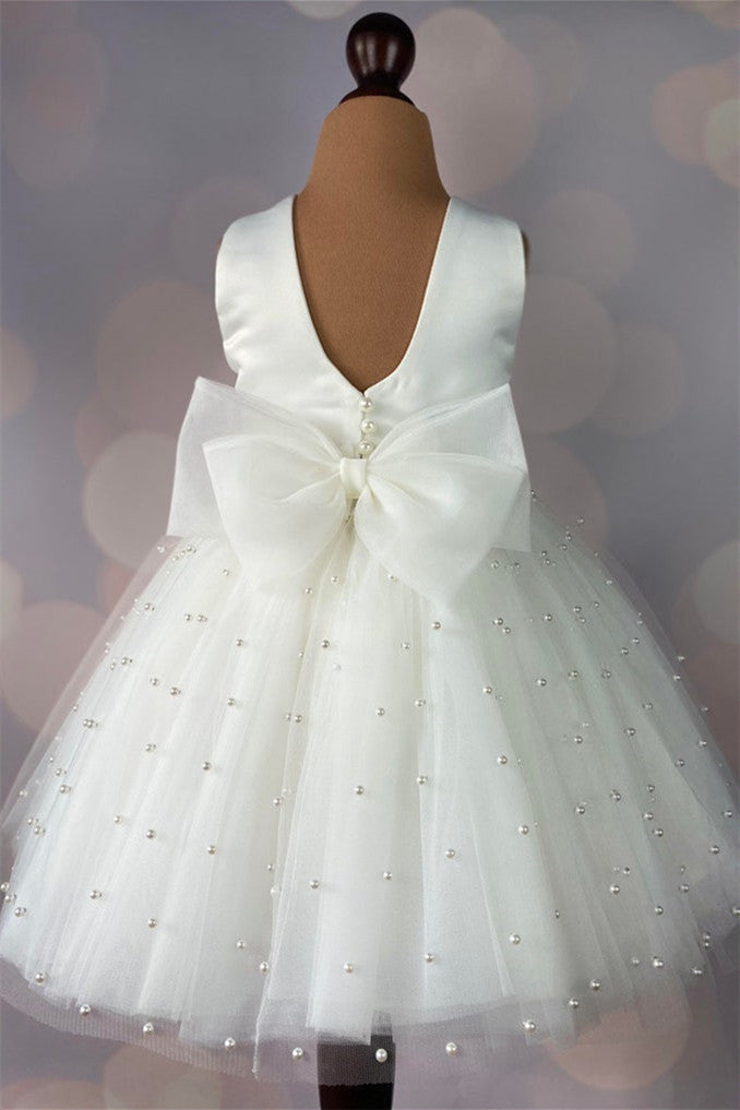 Round Neck White Pearls Flower Girl Dress