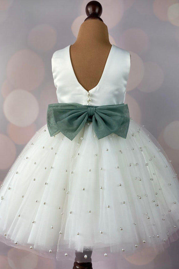 Round Neck White Pearls Flower Girl Dress