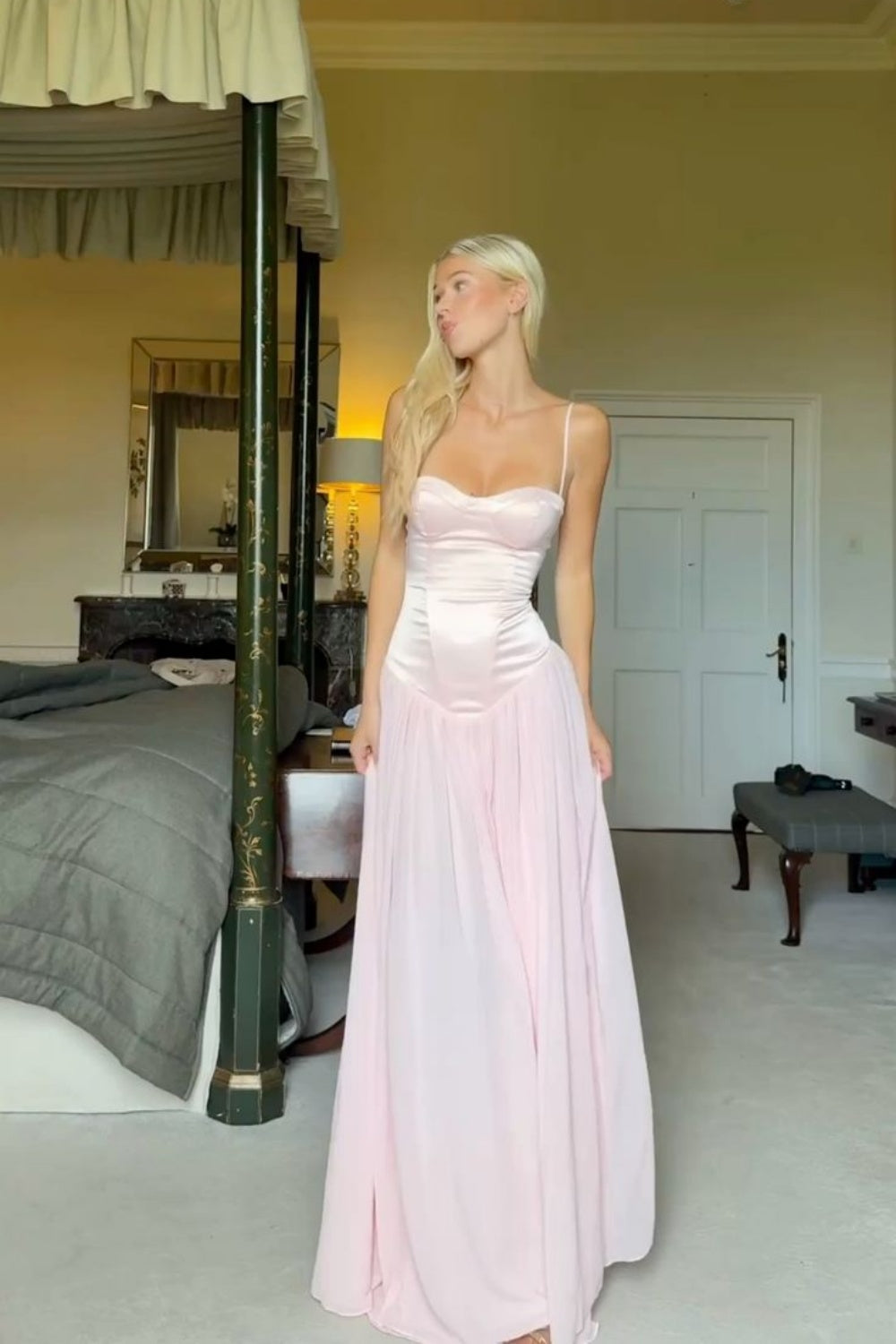 Straps Pink Satin A-line Corset Princess Dress