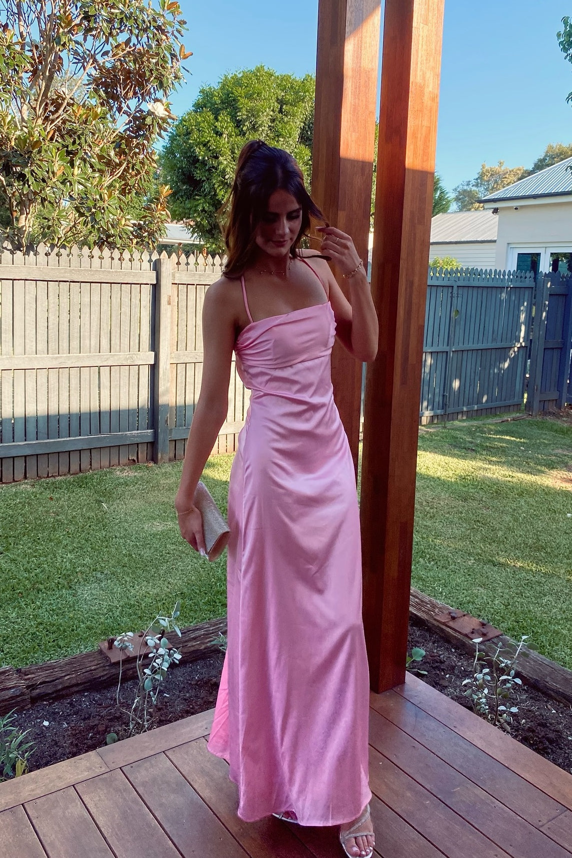 Straps Pink Satin A-line Long Dress