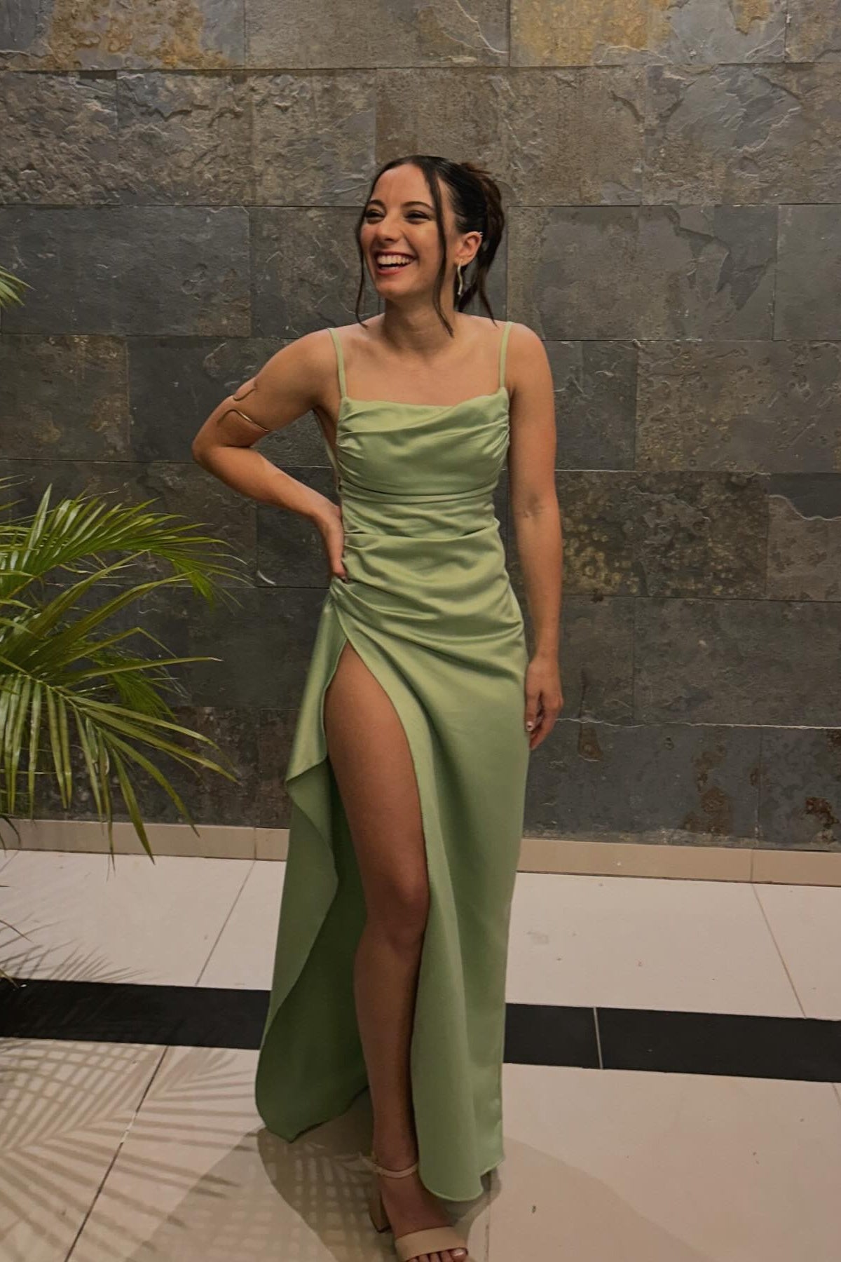 Sage Green Straps Ruched Satin Slit Long Dress