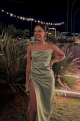 Sage Green Straps Ruched Satin Slit Long Dress