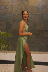 Sage Green Straps Ruched Satin Slit Long Dress
