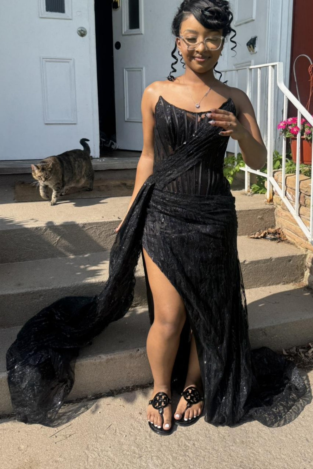 Strapless Black Lace Ruched Long Dress