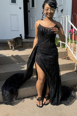 Strapless Black Lace Ruched Long Dress