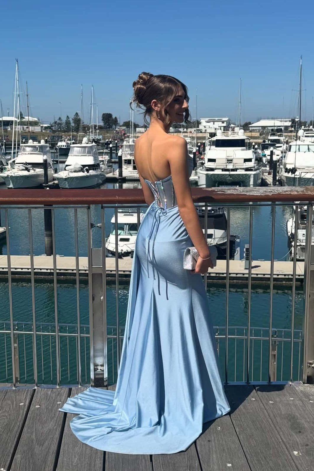 Beaded Blue Corset Ruched Long Prom Dress