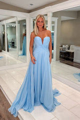 Blue Chiffon V-Neck A-line Long Formal Dress