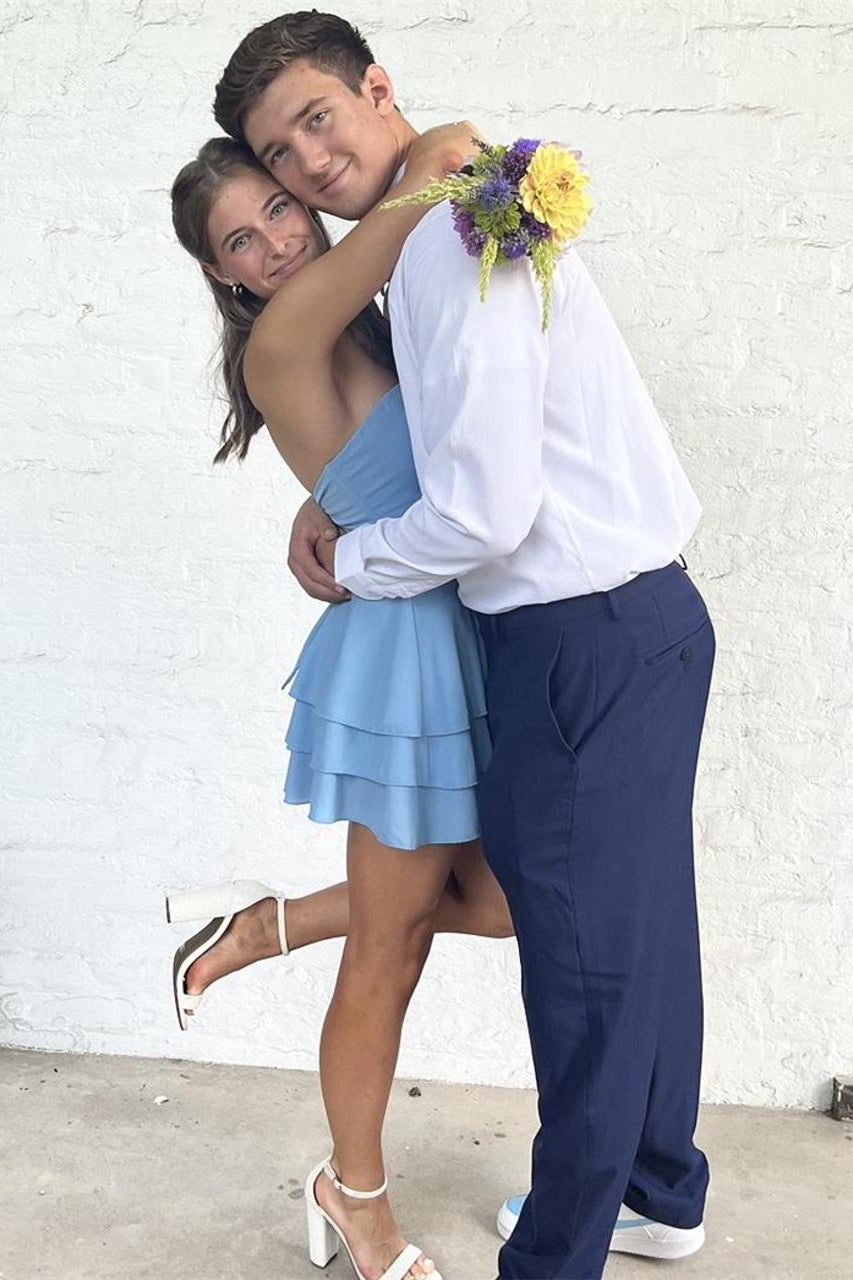 Strapless Blue A-line Tiered Short Dress