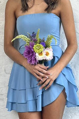 Strapless Blue A-line Tiered Short Dress