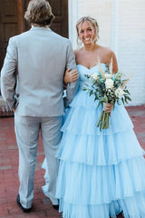 Strapless Blue Tulle Tiered A-line Long Dress