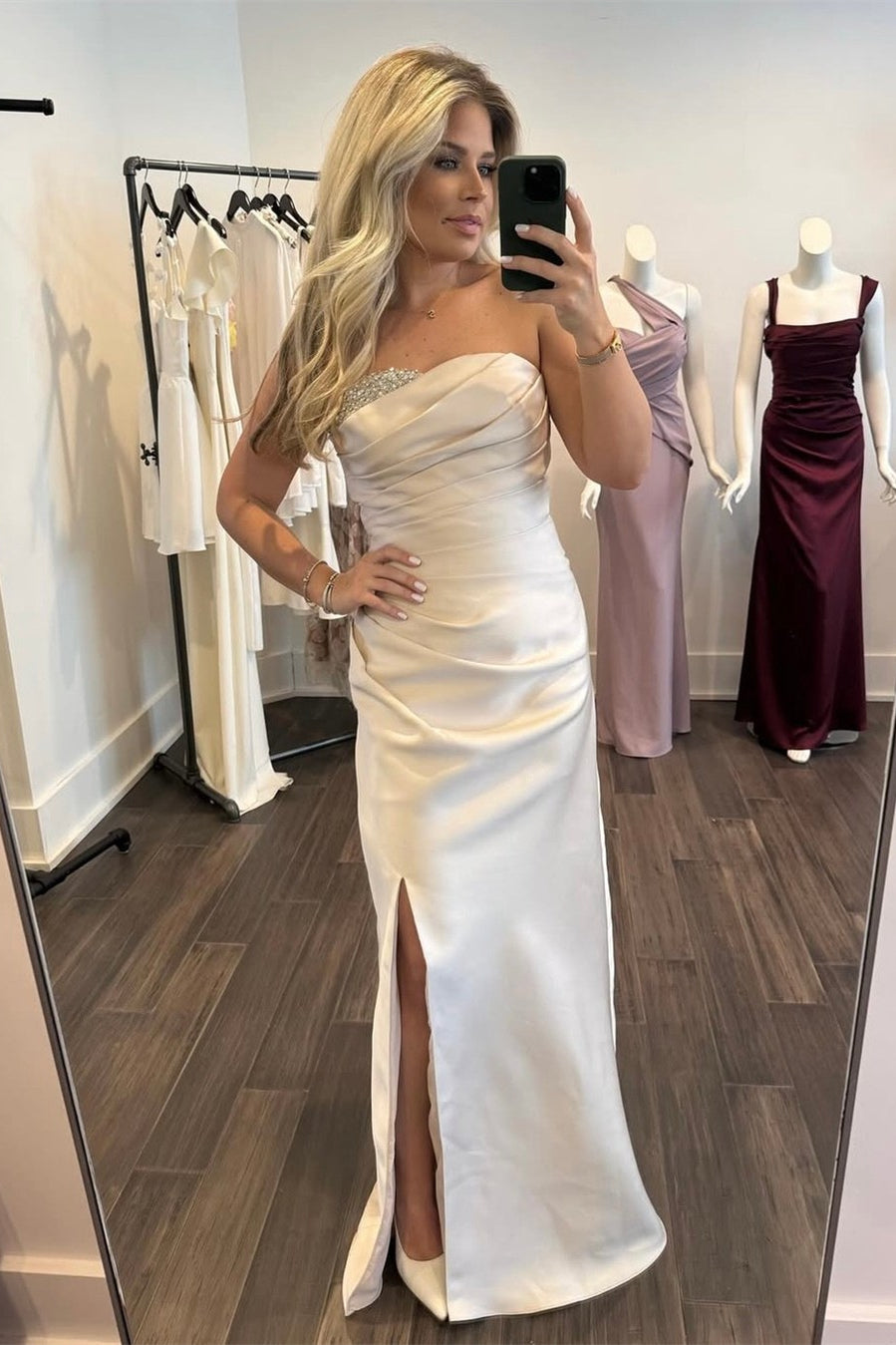 Strapless Champagne Beaded Neck Bridesmaid Dress
