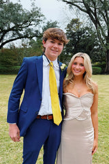 Strapless Champagne Ruched Petals Long Dress