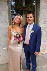 Strapless Champagne Ruched Petals Long Dress