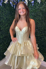 Strapless Champagne Ruffle Tiered Short Dress