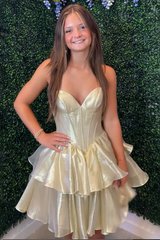 Strapless Champagne Ruffle Tiered Short Dress