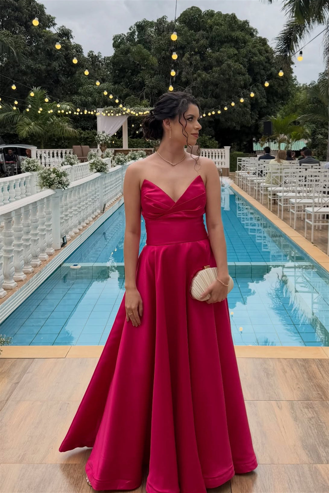Strapless Hot Pink Empire A-line Long Dress