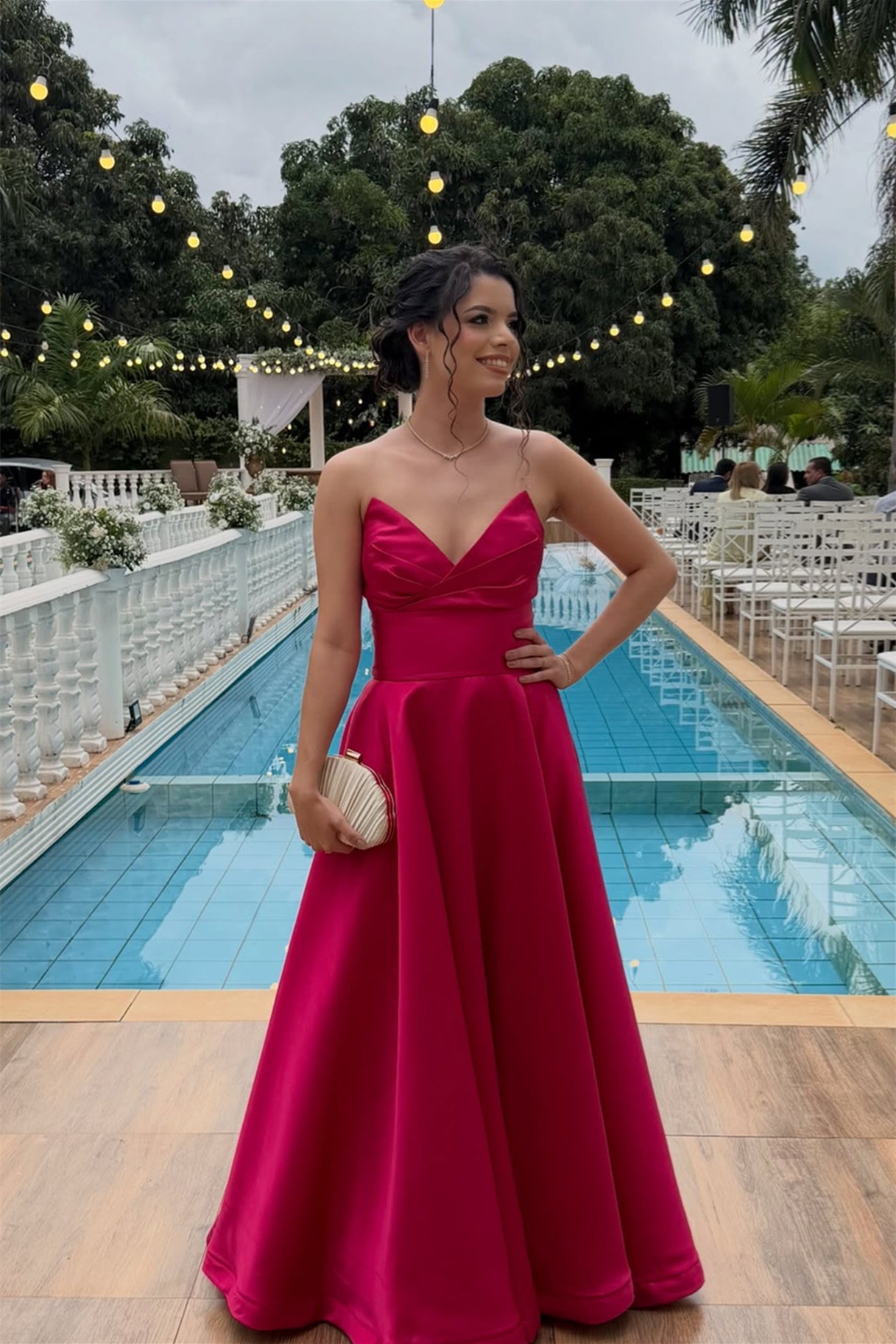 Strapless Hot Pink Empire A-line Long Dress