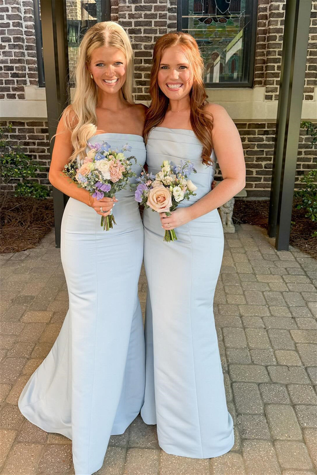 Strapless Blue Pleated Mermaid Bridesmaid Dress