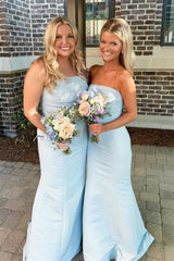 Strapless Blue Pleated Mermaid Bridesmaid Dress