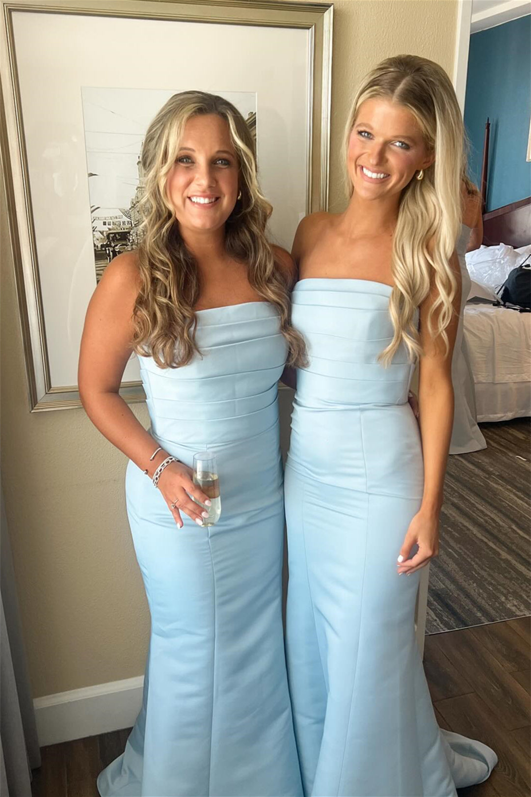 Strapless Blue Pleated Mermaid Bridesmaid Dress