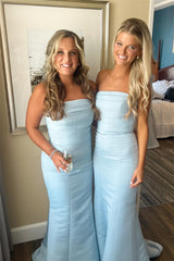 Strapless Blue Pleated Mermaid Bridesmaid Dress