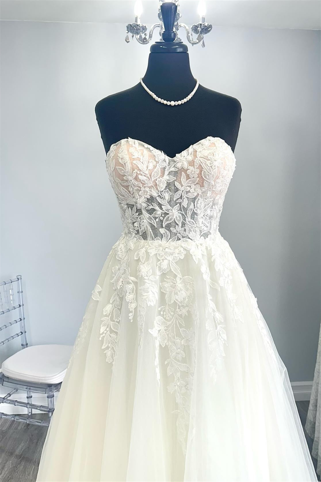Strapless Ivory Floral Appliques Wedding Dress