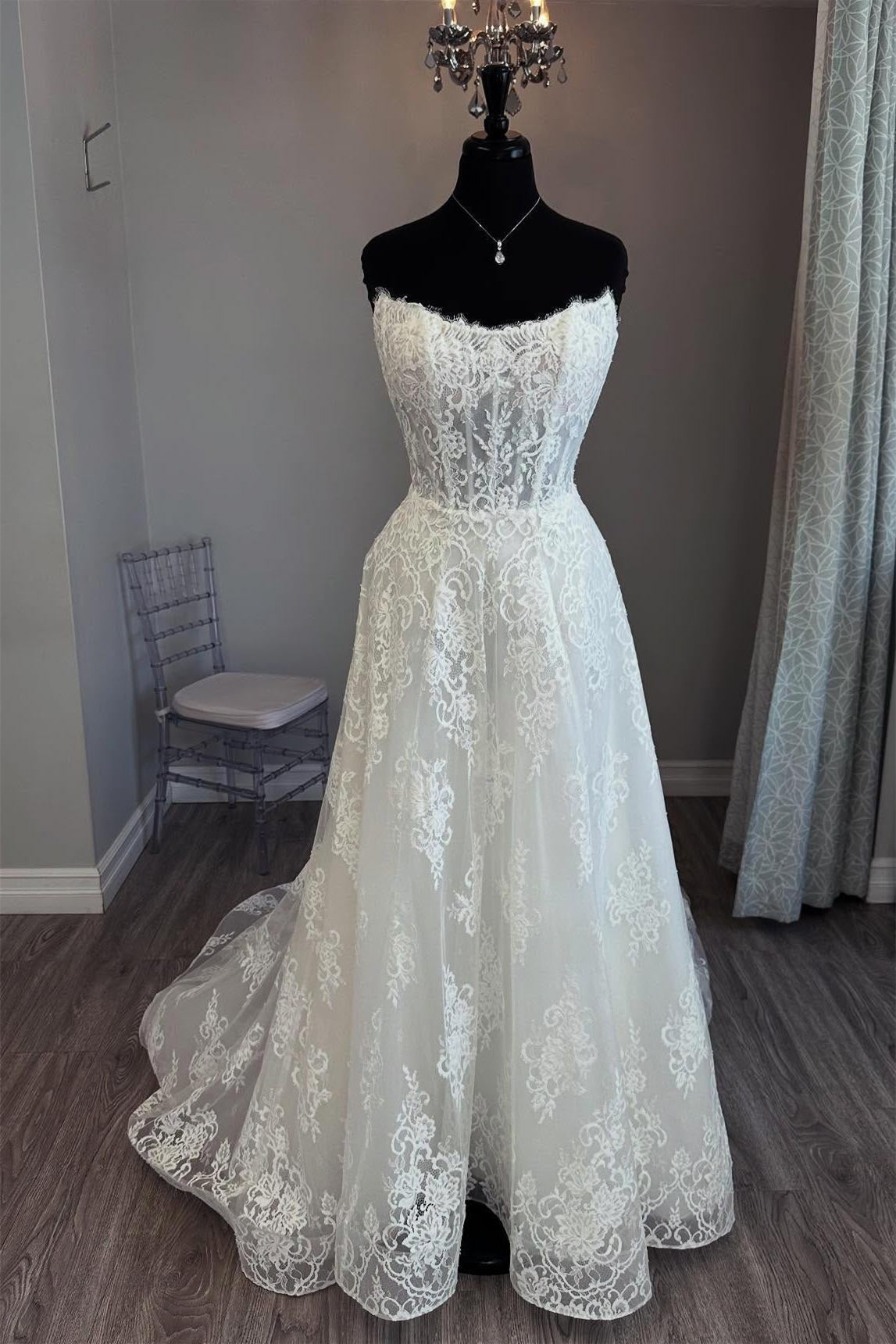 Strapless Ivory Lace Appliques Wedding Dress