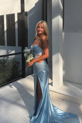Strapless Light Blue Bead Fitted Prom Dress