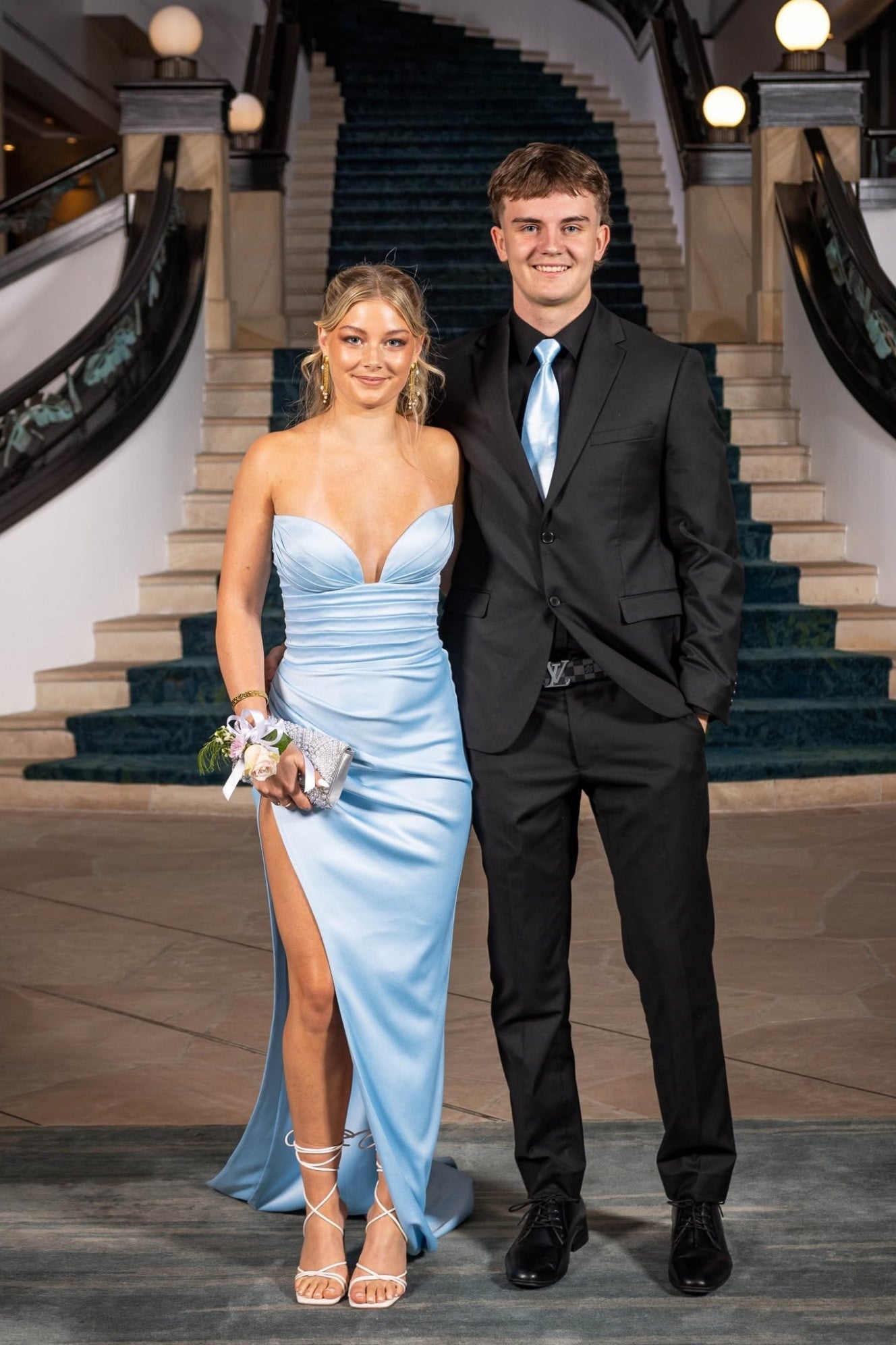 Strapless Light Blue Ruched Long Dress with Slit