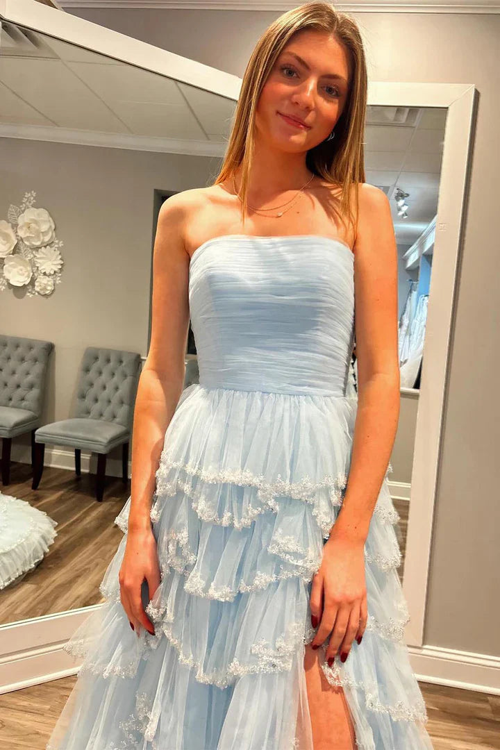 Strapless Light Blue Sequin Tiered A-line Long Dress