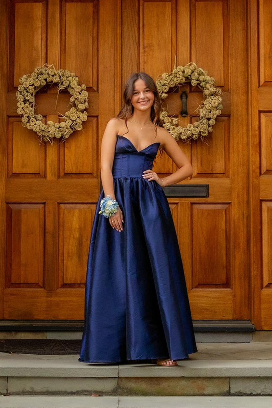 Strapless Navy Blue Empire Satin A-line Prom Dress