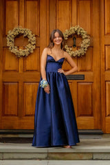Strapless Navy Blue Empire Satin A-line Prom Dress