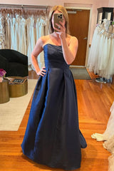 Strapless Navy Blue Pleated A-line Bridesmaid Dress
