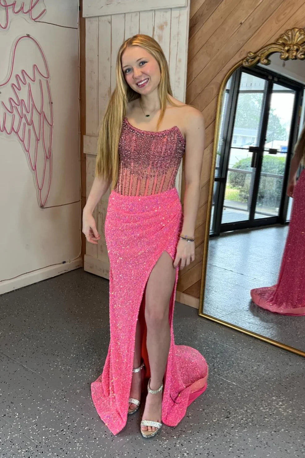 Strapless Beaded Champagne Sequin Fitted Long Formal Dress