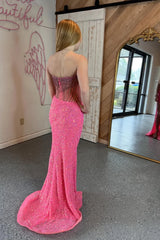 Strapless Beaded Champagne Sequin Fitted Long Formal Dress