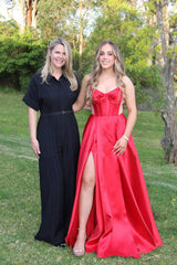 Strapless Red Satin A-line Long Formal Dress