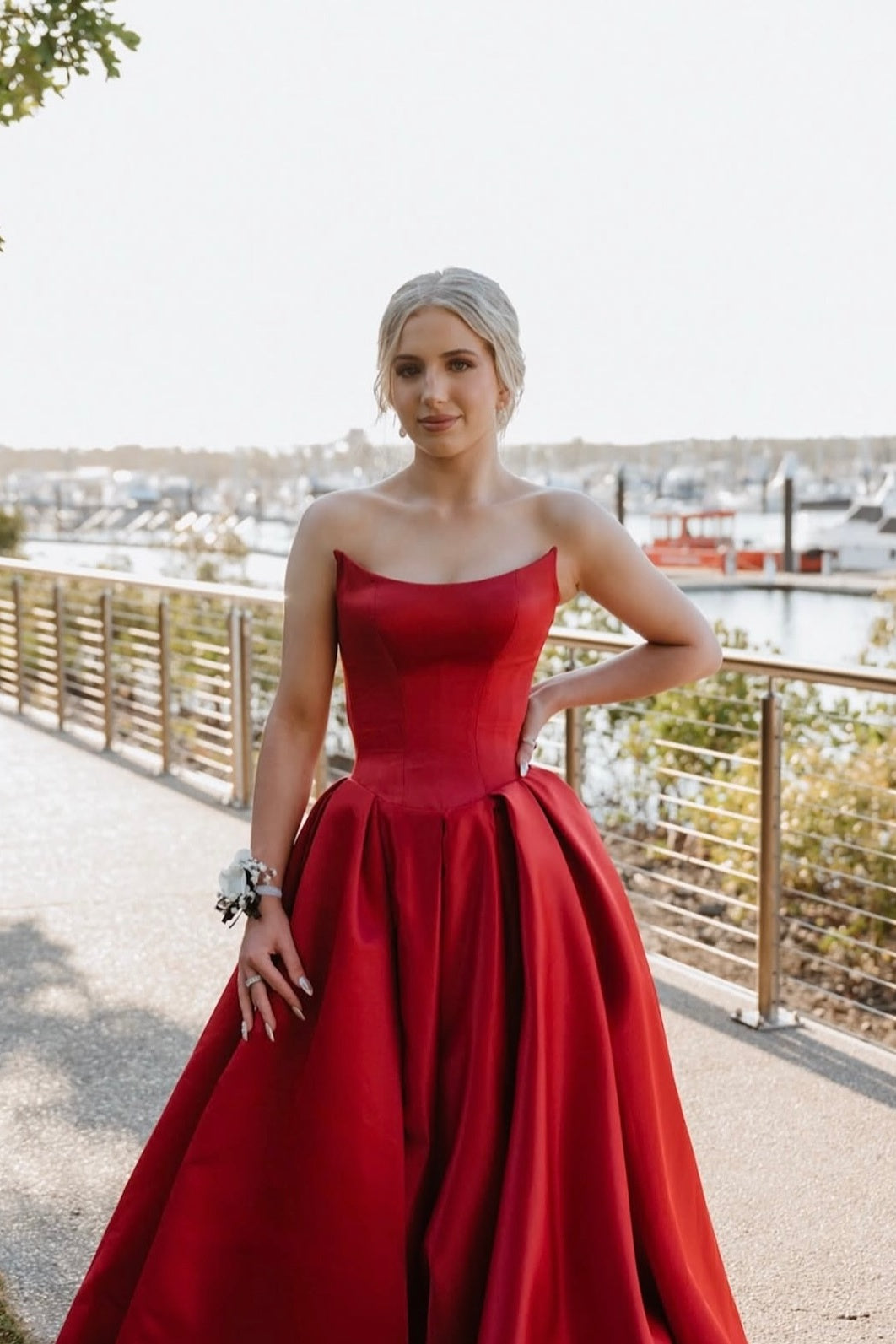 Strapless Red Satin A-line Prom Dress