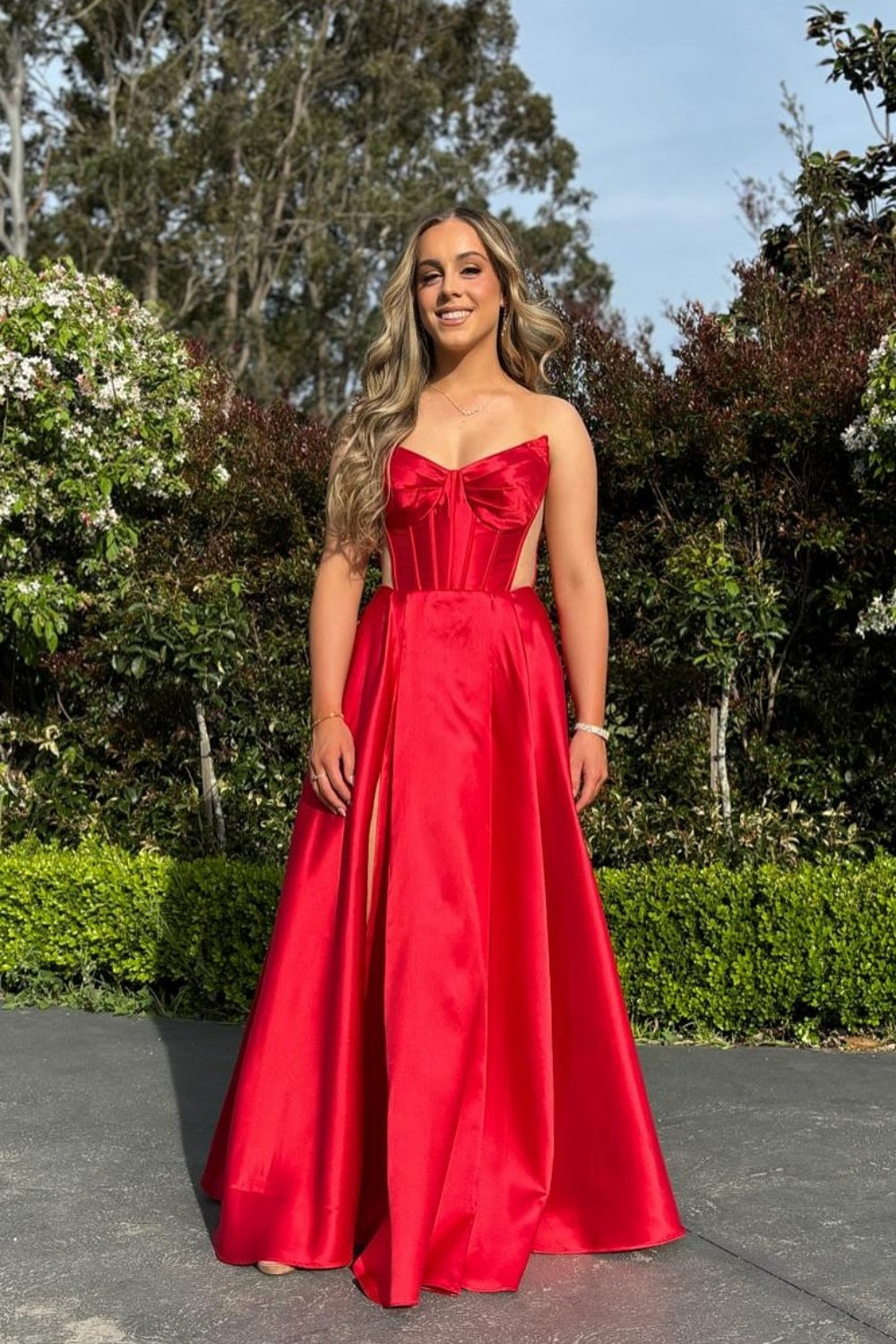 Strapless Red Satin A-line Long Formal Dress