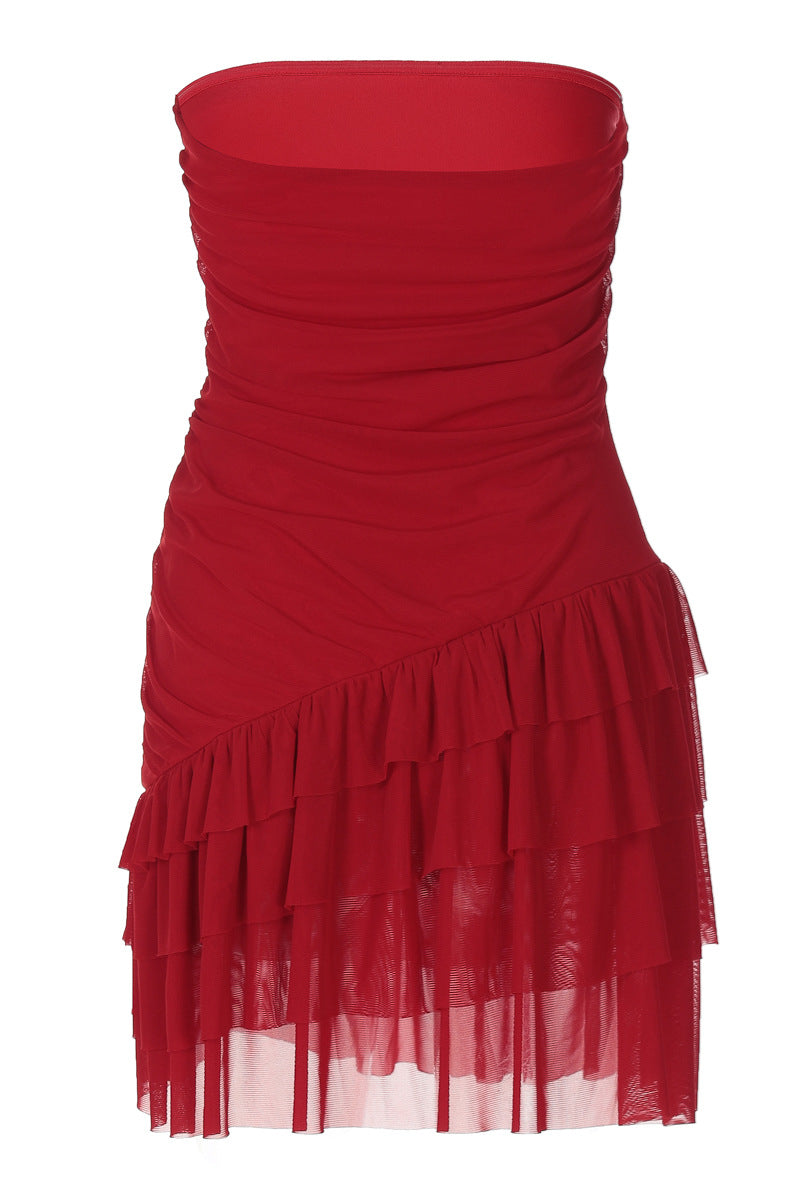 Strapless Red Ruffled Hem Short Dress