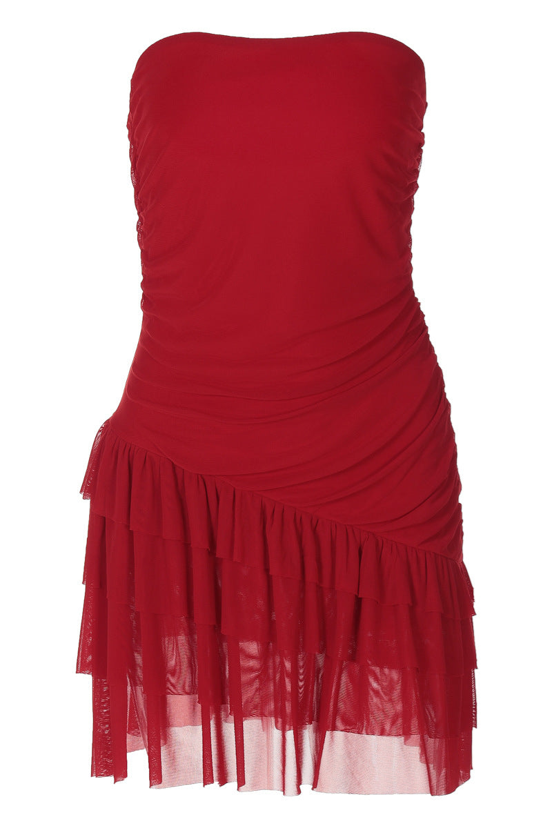 Strapless Red Ruffled Hem Short Dress