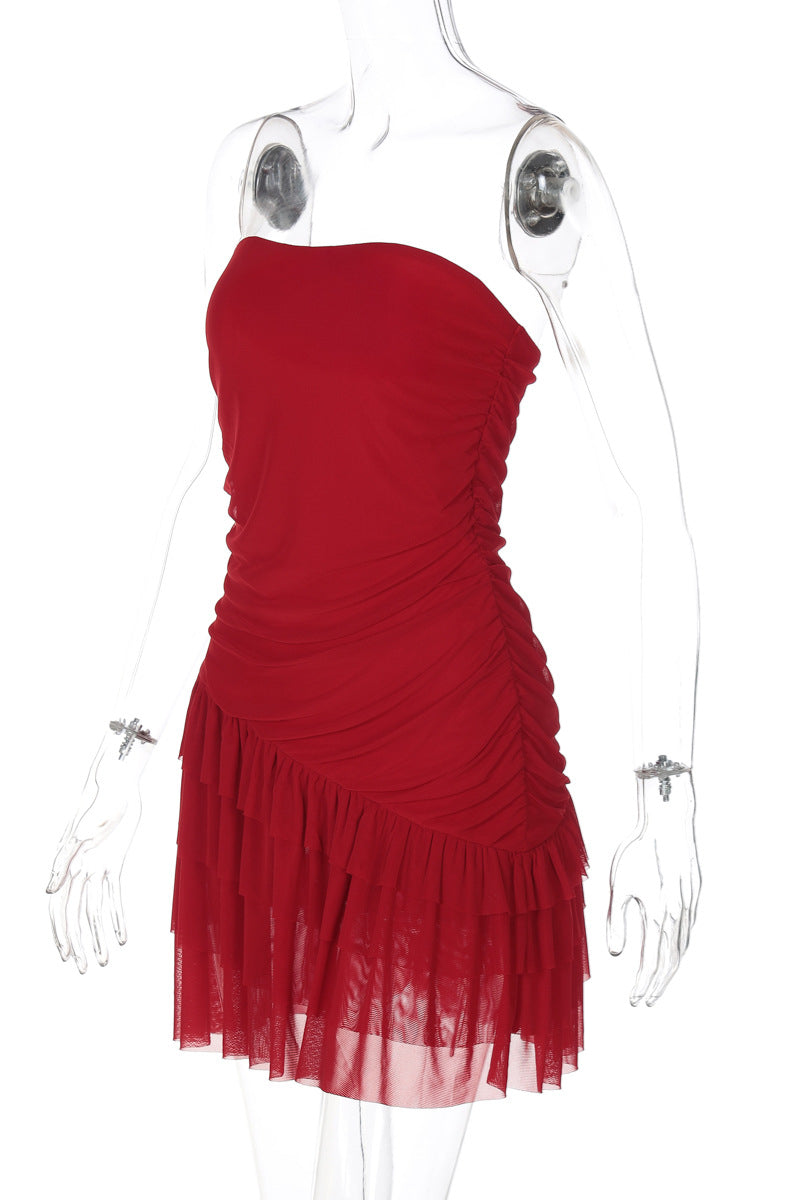 Strapless Red Ruffled Hem Short Dress