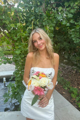 Strapless White Satin Short Dress with Bow