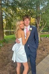 Strapless White Satin Short Dress with Bow
