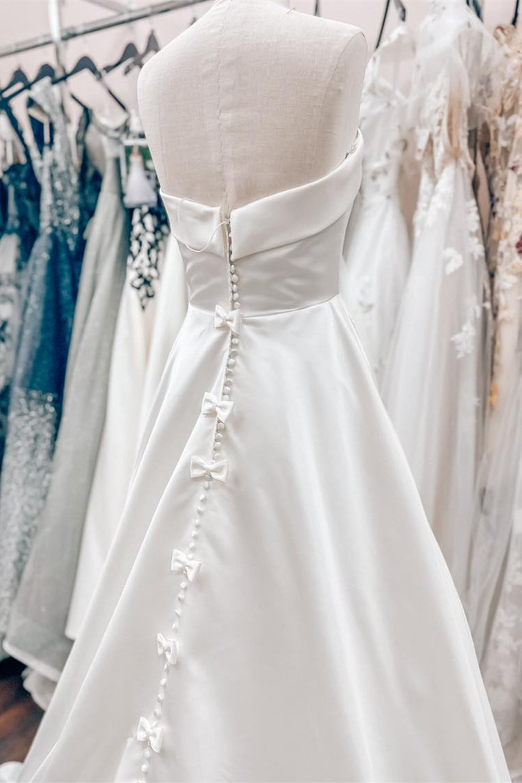 Strapless White Bow Back A-line Wedding Dress