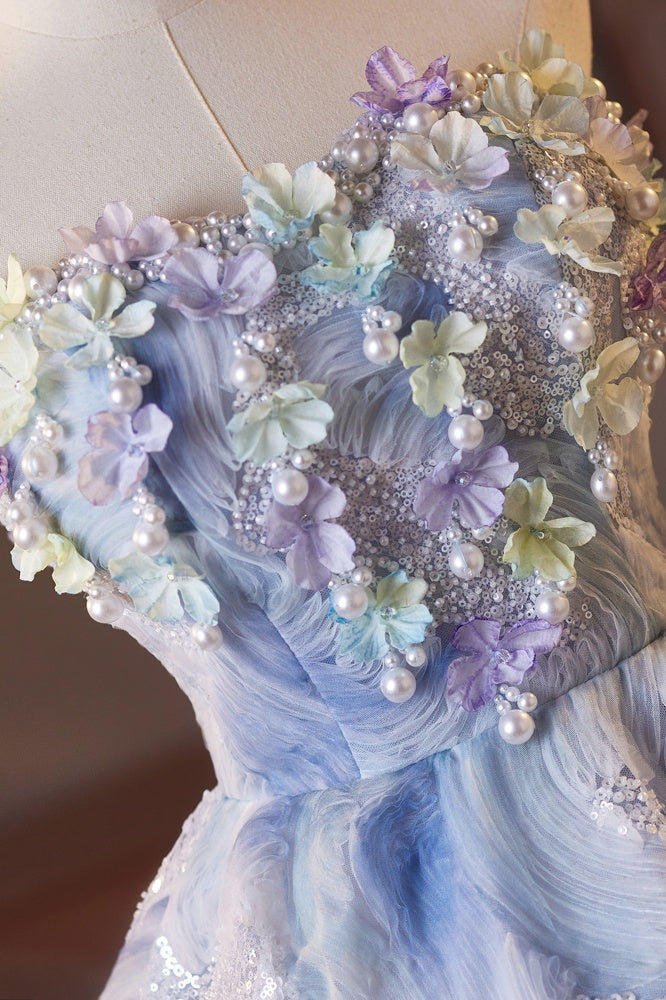 Strapless White and Blue Butterfly Sparkle Tulle Dress