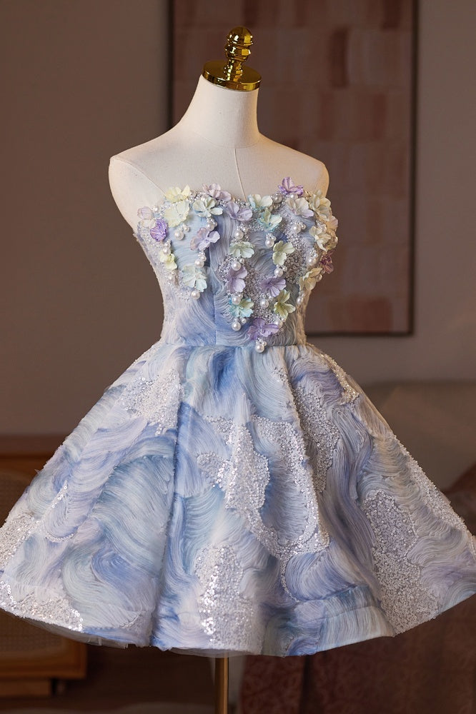 Strapless White and Blue Butterfly Sparkle Tulle Dress