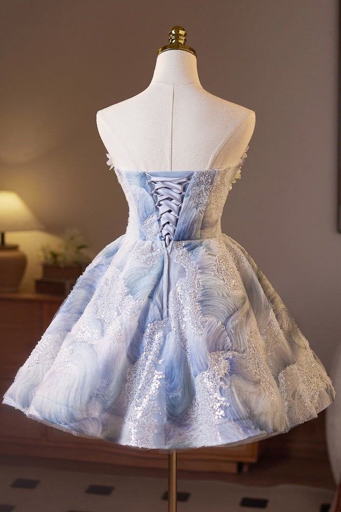 Strapless White and Blue Butterfly Sparkle Tulle Dress
