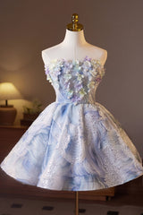 Strapless White and Blue Butterfly Sparkle Tulle Dress