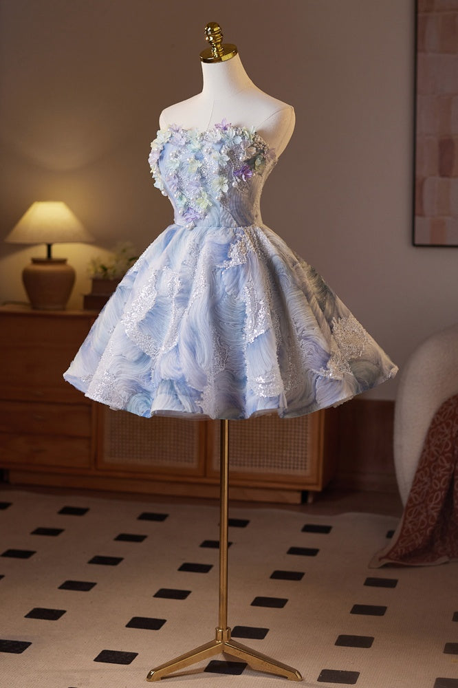 Strapless White and Blue Butterfly Sparkle Tulle Dress