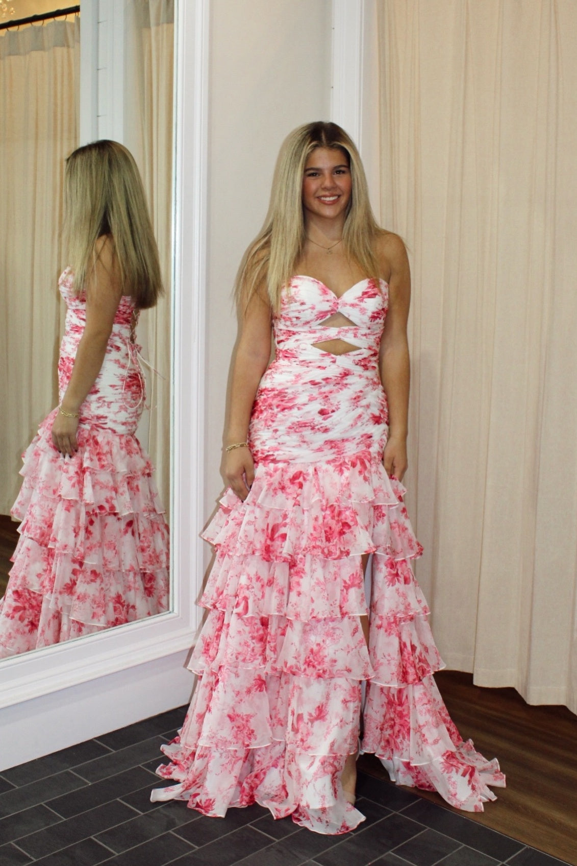Pink Floral Keyholes Mermaid Ruffle Prom Dress